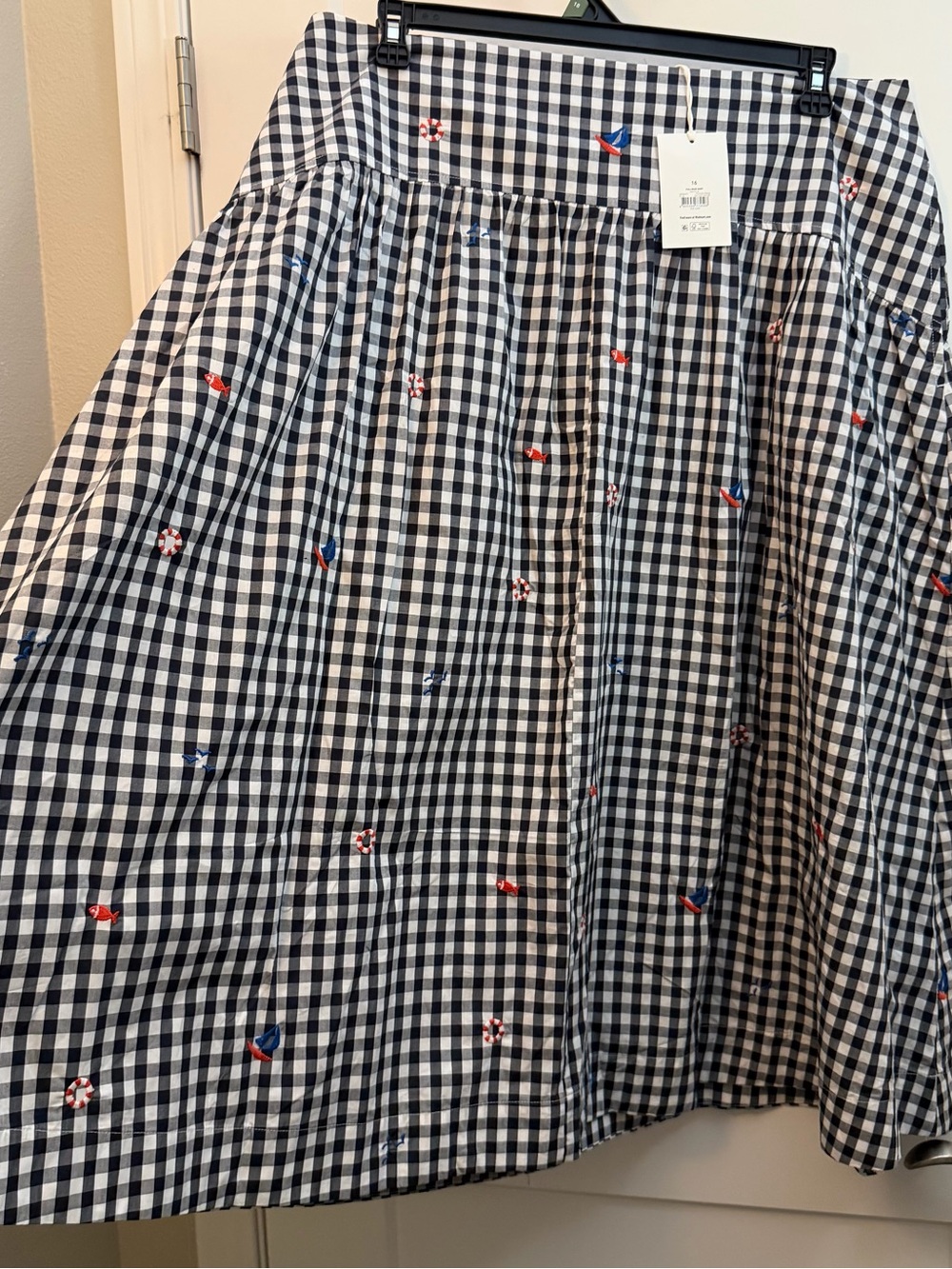 Gingham Midi Skirt with Embroidered nautical details- Black & White - Picture 2 of 6